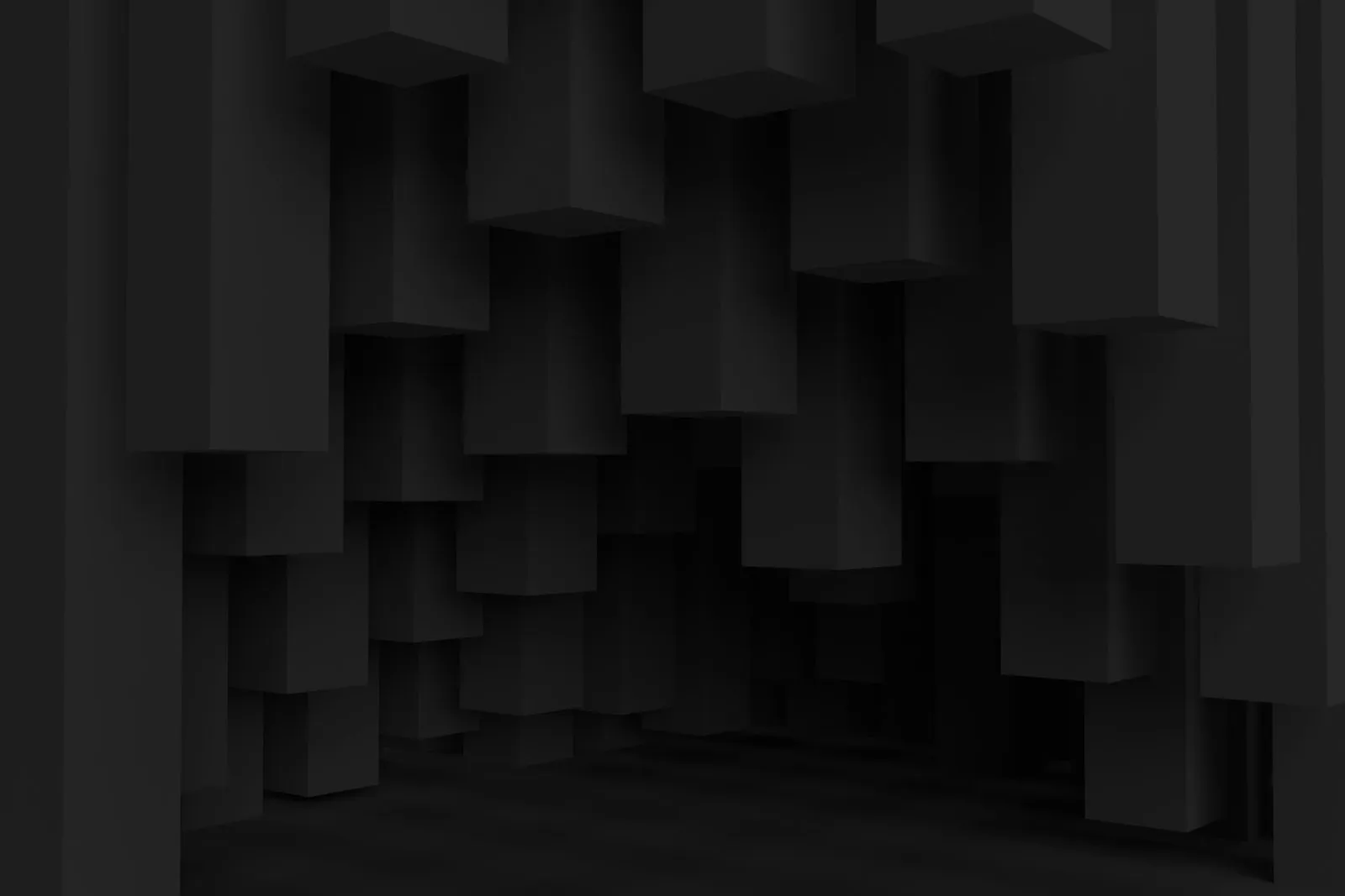 Volumes cubiques sombres imbriqués en profondeur, éclairés en lumière rasante.